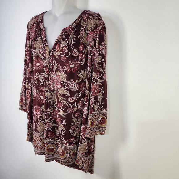 Lucky Brand Top Size 2X Womens Burgundy Floral Print Blouse Boho V Neck Border - Picture 5 of 13